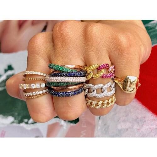 Women Hip hop Engagement band trendy finger rings iced out bling cz paved Miami Cuban link chain ring jewelry