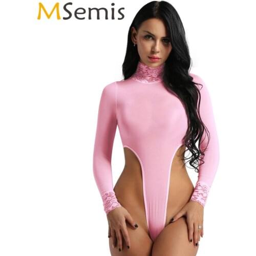 Womens Sheer Teddies Lingerie Long Sleeves Turtleneck Sexy Super High Cut Bikini Thong Bodysuit Nightwear Exotic Fetish Catsuit