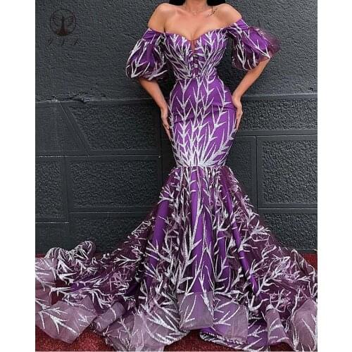 2020 New Arrival Purple Off the Shoulder Sweetheart Short Sleeve Sweep Train Mermaid Prom Dresses