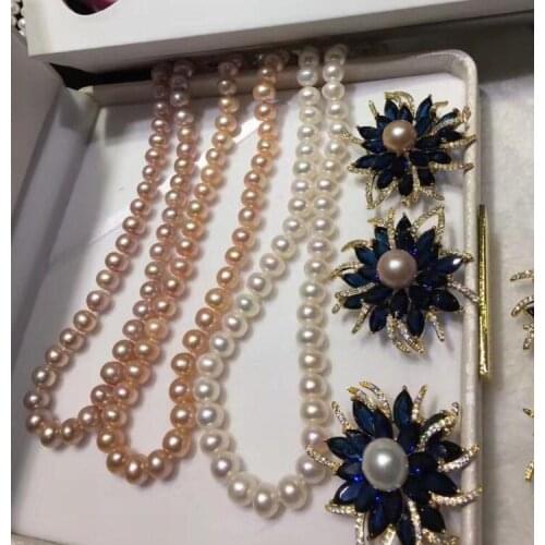 Free shipping Fashion 8-9mm Natural Freshwater Pearl Necklace 12-13mnm brooch Jewelry Set