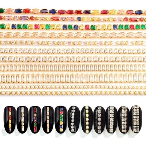 9-10CM Shiny Colorful Nail Zircon Chain Gold Base Pearl Chain Crystal Glass Rhinestones Nail Ornament DIY Nail Art Decorations