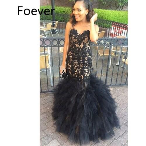 Black Mermaid Evening Dress Tulle Ruffles Puffy Appliques Lace-Up Sweetheart Long Formal prom Dresses Party Gown