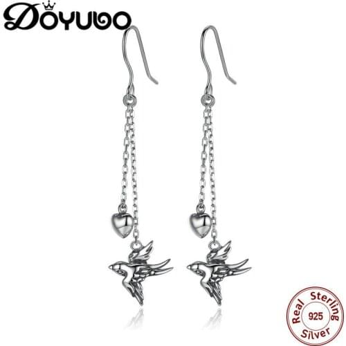 DOYUBO Womens Fashion Silver Jewelry Dangle Earrings Cute Design Swallow Animal Shape Earrings For Lady Fine Jewelry AFF008
