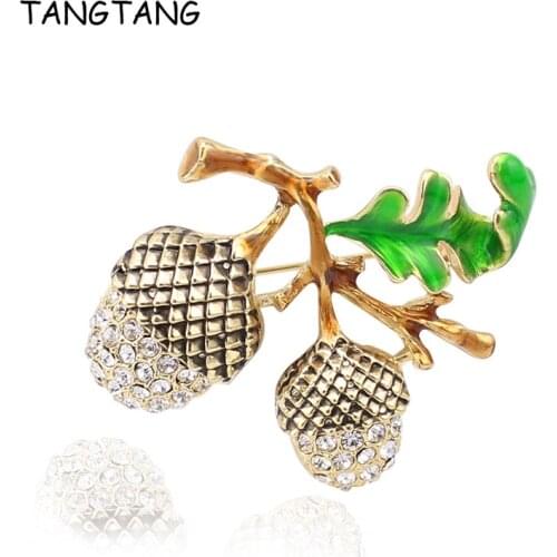 Elegant CZ Austrian Crystal Champagne Gold Color Pine Nut Brooch Painted Enamel Leave Jewelry Pin Leisure Style Fashion, BH8247