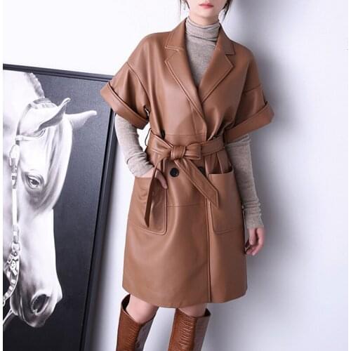 Factory New Arrival Women Casual Genuine Leather Slim Windbreaker With Belt
