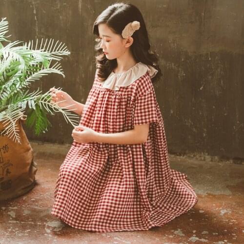 Summer Girls One- piece Sweet Plaid Cotton Dresses 6 8 10 12 years Big Girls Loose Thin Soft Clothes