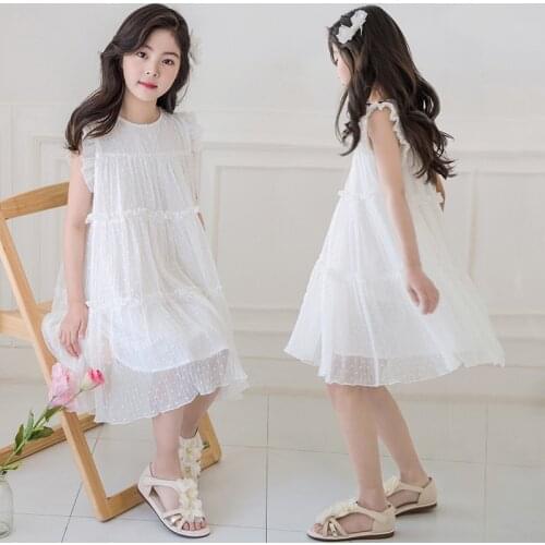 Girls Summer Clothes Teen Girls Chiffon Princess Dress Elegant Kids Girls Sleeveless White Dresses Children Party Dress, #0106