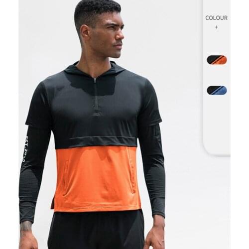 Men Fitness Sportswear Short Sleeve Loose Hooides Contrast Stitching Training Running T-Shirt Quick Dry Workout Gym Clothing