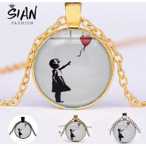 SIAN Banksy Graffiti 'Girl with a Balloon' Necklace Art Painting There Is Always Hope Glass Gem Round Pendant Statement Jewelry