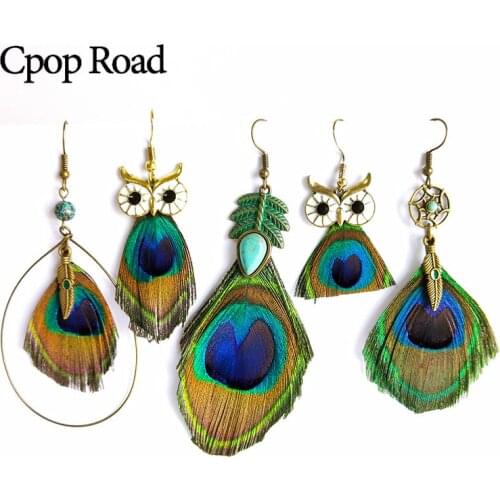 Cpop Boho Nature Peacock Feather Earrings Rhinestone Beads Long Statement Earrings Ethnic Feather Jewelry Women Accessories Gift