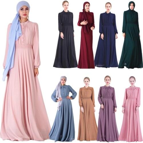 Muslim Women Chiffon Long Maxi Shirt Dress Dubai Abaya Kaftan Jilbab Button Robe Gown Elastic Waist Long Sleeve Islamic Clothing