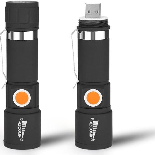 LED 3 Modes Mini Flashlight Tail USB Flashlight Highlight Handy Powerful Waterproof Zoomable Focus Torch USB Charging Lighting