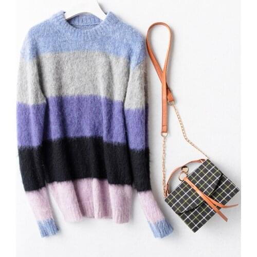 Mohair wool blend thick knit women fashion mid-long pullover Oneck sweater patchwork color striped XS/S/M