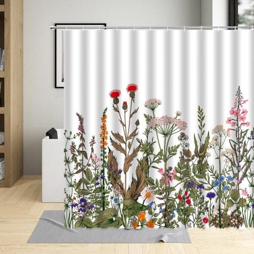 Flower Shower Curtain Plant Leaf Green Purple Gray Floral Pattern Bathroom Decor Polyester Fabric Hanging Curtain Set With Hooks