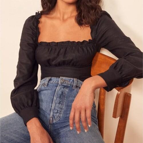 Summer New Women Shirt Linen Black Square Collar Slim Short Long Sleeve Top Women