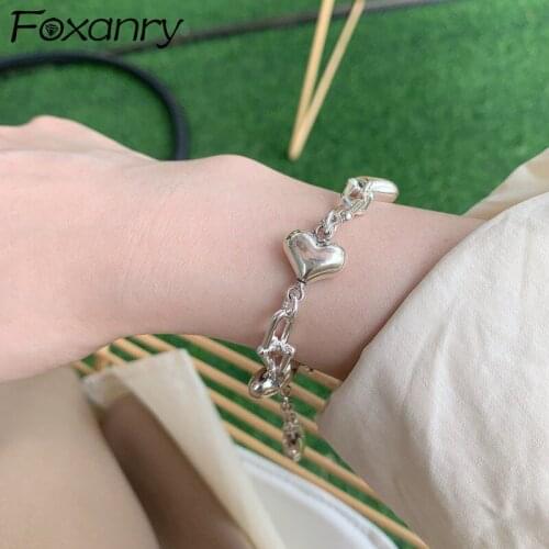 FOXANRY 925 Sterling Silver U Shaped Chain Bracelets for Women New Fashion Vintage Simple Smooth LOVE Heart Tassel Party Jewelry