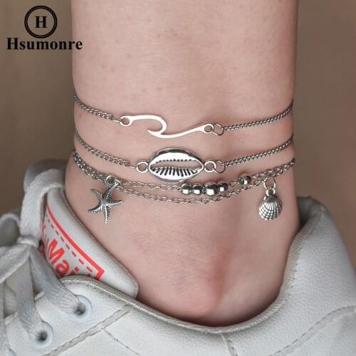 Starfish Shell Ankle Bracelet Women Boho Vintage Silver Plated Wave Anklets Multilayer Beach Barefoot Chain Jewelry Summer Gift