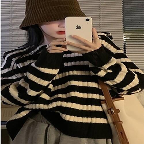 2021 autumn and winter new lapel striped sweater top large size sweater loose cover belly wear women