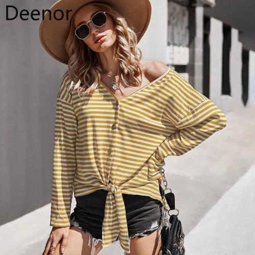 Deenor Women Sexy Cardigan Long Sleeve Knitted Striped Vintage Tops Korean Style Women Clothes 2021 Spring Fashion Blouse