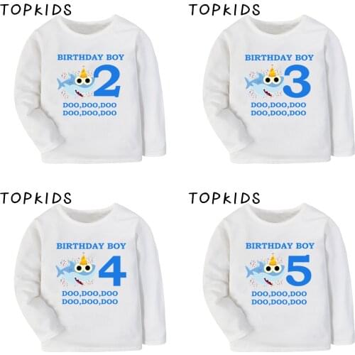 2021 Boys Happy Birthday Blue Shark 1-9 Number Cartoon Print T shirt Kids Long Sleeve T-shirt Children Funny Clothes,LKP2441