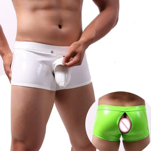 Faux Leather Men Boxers Shorts Sexy Low Waist Front Back Open Button Penis Pouch Panties Patent Leather Mens Erotic Underwear