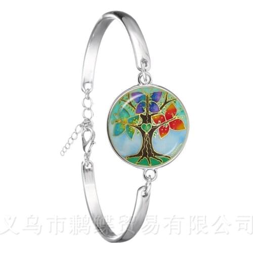 Tree Of Life Bracelet 20mm Glass Dome Tree And Bird Glass Ornaments Gift For Friends Silver Plated Chain Bangles