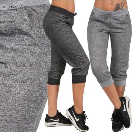 Women 3/4 Solid Color Pants Casual Drawstring Elasticated Waist Fitness Pants Capri Summer Pockets Joggers Harem Pants Female