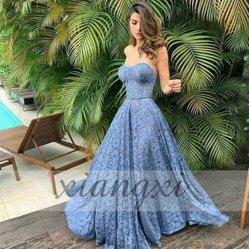 Vintage Blue Evening Dresses Long Gown Flower Lace Bodice Formal Dress Off Shouler Sweetheart Neck Party Dress A line Prom Dress