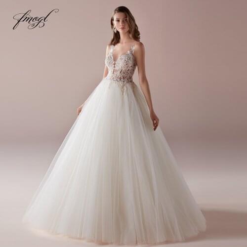 Fmogl Spaghetti Straps Sweetheart A Line Wedding Dresses 2020 Sexy Backless Appliques Beaded Vintage Bridal Gowns Plus Size