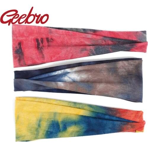 Geebro Women Rainbow Tie Dye Cotton Headbands Turban Head Wrap Elastic Girl Hair Bands Hair Bandage Vintage Sports Headband
