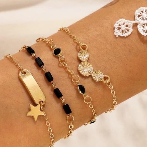 HuaTang 4pcs Boho Black Beads Star Bracelet Set for Women Multilayer Geometric Gold Color Flower Bangles Beach Jewelry Pulseras
