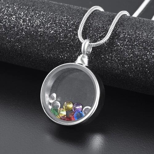IJD9889 Put Birthstone Charm inside Round Stainless Steel Glass Cremation jewelry Ashes Holder Memorial Locket Necklace Pendant