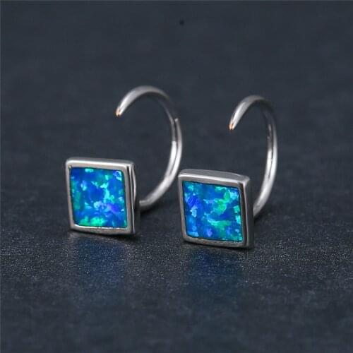 Dainty Square Stone Small Hoop Earrings Charm Female White Blue Opal Earrings For Women Cute Bride Silver Color Wedding Earrings