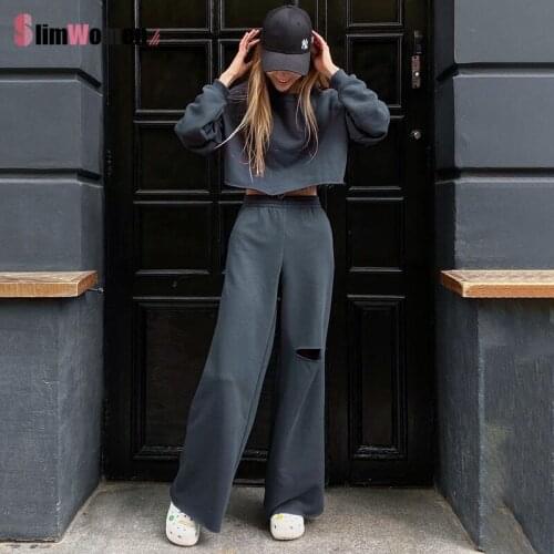 Winter Thick Two Piece Set Outfits for Women Short Sweatshirt and Wide Leg Pants Matching Sets Loose Tracksuit Sweatsuits Pants