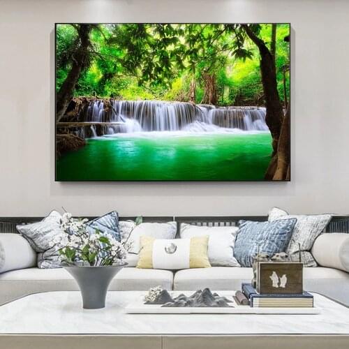 Waterfall Tree Leaf Natural Landscape Posters Nordic Canvas Print Wall Art Painting Modern Picture Living Room Decor Cuadros