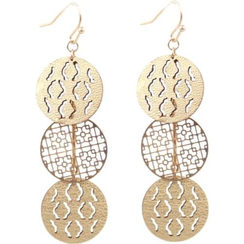 2021 New Three Filigree Disk Pu Leather Stainless Steel Drop Earrings For Women