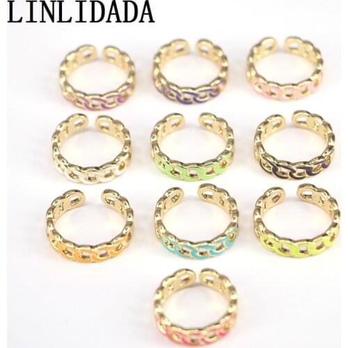 New 8Pcs Gold Color Chunky Chain Rings Link Twisted Geometric Rings for Women Enamel Open Rings Adjustabl