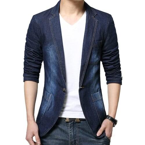 New Mens Denim Blazer Men Fashion Cotton Vintage Suit Jacket 4XL Male Blue Coat Denim Jacket Men Slim Fat Jeans Blazers
