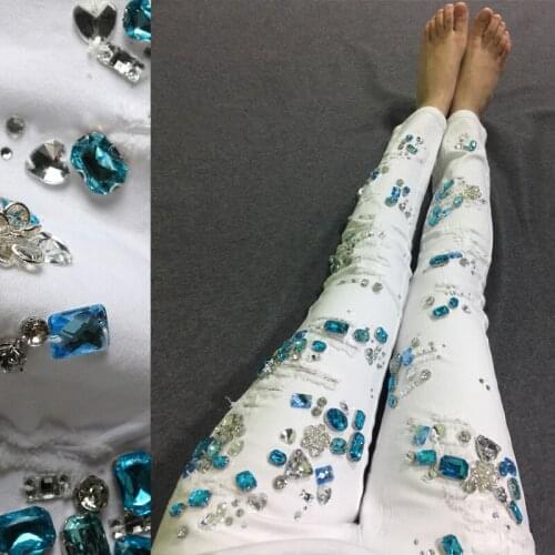 Bead Diamond Skinny Jean Femme Hole Jeans Students Stretch Slim Pencil Pants Denim Ladies Trousers