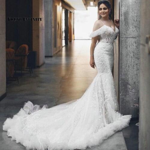 Charming Mermaid Wedding Dresses 2021 Off The Shoulder Bridal Gown Backless Sweetheart Chapel Train Beaded White Plus Size Bride
