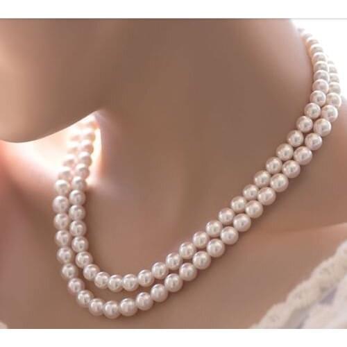 Double strands AAA round 8-9mm freshwater round white pearl necklace 18" 19" 14K
