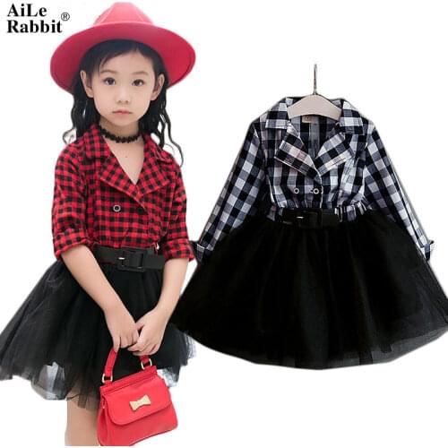 AiLe Rabbit Girls Tutu Dresses Spring Autumn Full Sleeve Childrens Clothing Plaid Lace Dress Outfits Kids Clothes k1