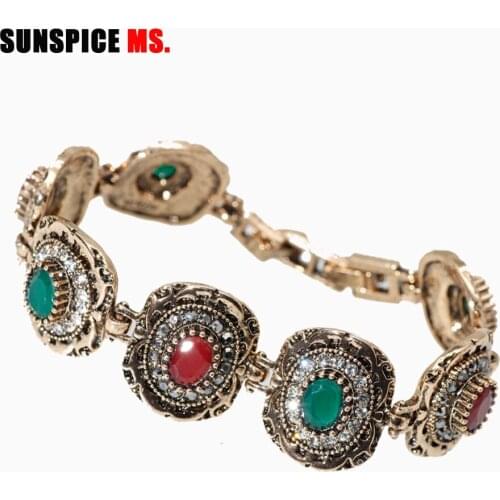 Sunspicems Vintage Crystal Link Bracelet for Women Antique Gold Color Round Resin Bohemia Ethnic Wedding Jewelry Friend Gift