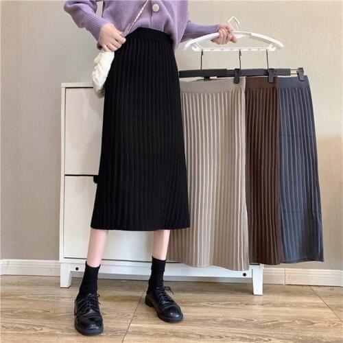 Womens Vintage Clothes Long Skirts Black Harajuku High Waist Streetwear 2021 fall winter Fashion Elastic Preppy Style Midi Skirt