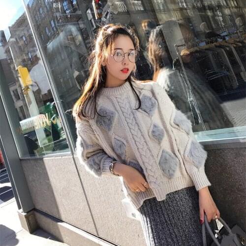 Women Sweaters And Pullovers 2018 Winter Woman Sweater Rabbit Hair Diamond Lattice Lazy Wind Loose Thick Needle Line Head Women