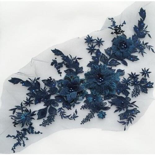 1 piece Dark Green Heavy Sewing Bead 3d Florals Bridal Motif Bodice Sequins Embroidered Lace Applique Wedding Clothing Supplies