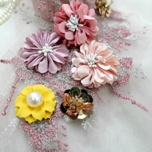 1 Pcs Mauve Yellow Pink 3D Floral Applique Faux Pearl Beaded Lace Applique with Sequins Mesh Sew On lace for Lyrical Dance