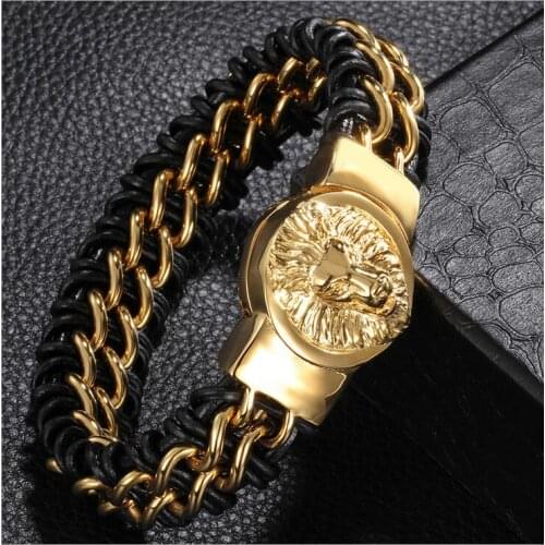22CM long Lion Wolf Head Stainless Steel Bracelet Men Genuine Leather Mens Bracelets Fashion Solid Gold Color Jewelry Wristbands