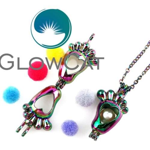 GLOWCAT R-C10 Rainbow Colors Kids Baby Foot Beads Cage Pendant Perfume Diffuser Aromatherapy Pearl Cage Locket Necklace