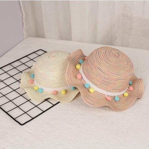 H7427 Girls Sun Hat Korean Sunscreen Sunshade Summer Cap Children Outdoor Travel Sun Protection Princess Fringe Ball Sweet Caps
